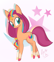 Size: 882x1013 | Tagged: safe, artist:luckyclau, imported from derpibooru, sunny starscout, earth pony, pony, abstract background, coat markings, g5, looking at you, my little pony: tell your tale, simple background, socks (coat markings)