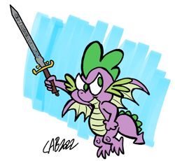 Size: 664x612 | Tagged: safe, artist:bakertoons, imported from derpibooru, spike, dragon, elden ring, male, smiling, smirk, solo, sword, weapon, winged spike, wings