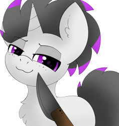 Size: 2842x3000 | Tagged: safe, artist:pegamutt, imported from derpibooru, oc, oc only, oc:haze rad, pony, unicorn, :3, chest fluff, commission, commissioner:biohazard, eye clipping through hair, eyebrows, eyebrows visible through hair, high res, highlights, horn, knife, knife cat, lidded eyes, looking at you, male, meme, missing cutie mark, parody, purple eyes, simple background, smiling, smiling at you, smug, solo, stallion, tail, transparent background, two toned mane, two toned tail, unicorn oc, ych result