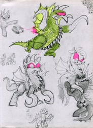 Size: 2228x3052 | Tagged: safe, artist:ja0822ck, imported from derpibooru, kaiju, kaiju pony, monster pony, pony, gigan, godzilla, godzilla (series), king ghidorah, ponified, traditional art