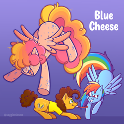 Size: 2048x2048 | Tagged: safe, artist:saggiemimms, imported from derpibooru, cheese sandwich, rainbow dash, oc, oc:blue cheese, earth pony, pegasus, pony, dreamworks face, eyebrows, eyebrows visible through hair, female, flying, gradient background, grin, hair over eyes, high res, looking at each other, looking at someone, male, mare, offspring, open mouth, open smile, parent:cheese sandwich, parent:rainbow dash, parents:cheesedash, pegasus oc, signature, smiling, smiling at each other, spread wings, stallion, trio, wings