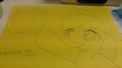 Size: 640x360 | Tagged: safe, artist:up_p_ab, imported from derpibooru, apple bloom, earth pony, pony, apple, female, filly, foal, food, irl, photo, sketch, traditional art