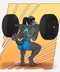Size: 600x714 | Tagged: safe, artist:blackblood-queen, imported from derpibooru, oc, oc only, oc:morgan graywacke, anthro, diamond dog, digitigrade anthro, anthro oc, ass, back muscles, barbell, barbell squats, butt, commission, deviantart watermark, diamond dog oc, digital art, female, female diamond dog, looking back, muscles, obtrusive watermark, solo, squatting, sweat, watermark, weights, workout, workout outfit