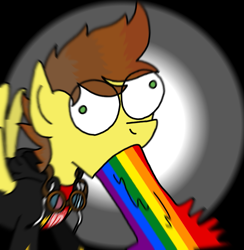Size: 945x967 | Tagged: safe, artist:patodashoficial, edit, imported from derpibooru, oc, oc only, oc:shooting thrillstar, pegasus, pony, clothes, derp, male, pegasus oc, pride month, puking rainbows, rainbow, vomiting