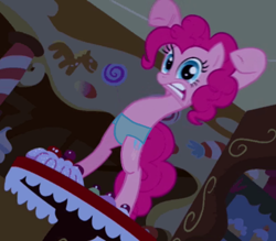 Size: 433x380 | Tagged: safe, edit, edited screencap, imported from derpibooru, screencap, pinkie pie, earth pony, pony, bridle gossip, season 1, bipedal, clothes, cupcake, female, food, gritted teeth, mare, sugarcube corner, table, teeth, underwear, watch out