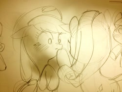 Size: 1024x768 | Tagged: safe, artist:aruurara, imported from derpibooru, applejack, rarity, earth pony, pony, blushing, boop, butt, female, mare, monochrome, plot, sketch, traditional art