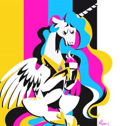 Size: 3468x3621 | Tagged: safe, artist:alumx, imported from derpibooru, princess celestia, alicorn, pony, cartoon network challenge, cmyk, coffee cup, colored, cup, eyes closed, female, flat colors, hoof hold, limited palette, mare, sitting, solo