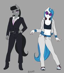 Size: 2540x2900 | Tagged: safe, artist:apocheck13, imported from derpibooru, dj pon-3, octavia melody, vinyl scratch, anthro, earth pony, plantigrade anthro, unicorn, boots, breasts, cleavage, clothes, duo, duo female, female, gray background, hand on hip, headphones, high heel boots, high heels, mare, midriff, necktie, pants, shoes, simple background, sports bra, suit, sweatpants