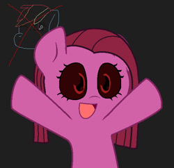 Size: 573x554 | Tagged: safe, artist:kromkumi144, imported from derpibooru, pinkie pie, rainbow dash, earth pony, pegasus, pony, creepypasta, crossed out, female, gray background, mare, nya, pinkamena diane pie, simple background, smiling, zalgo, zalgo pie