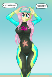 Size: 1280x1889 | Tagged: safe, artist:lennondash, imported from derpibooru, fluttershy, human, starfish, equestria girls, equestria girls series, beach, breasts, busty fluttershy, curvy, female, fluttershy's wetsuit, goggles, hourglass figure, snorkel, solo, speech bubble, wet hair, wetsuit