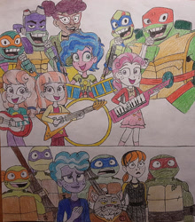 Size: 900x1023 | Tagged: safe, artist:jebens1, imported from derpibooru, jing-a-ling, melody, sweetheart, ting-a-ling, human, equestria girls, april o'neil, bass guitar, donatello, drums, guitar, hand on chest, keytar, leonardo, master splinter, melody's mother, michelangelo, microphone, musical instrument, raphael, rise of the teenage mutant ninja turtles, shocked, singing, smiling, teenage mutant ninja turtles, traditional art