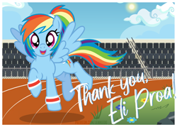 Size: 1000x715 | Tagged: safe, artist:jennieoo, imported from derpibooru, rainbow dash, pegasus, pony, female, gift art, mare, open mouth, open smile, running, show accurate, signature, smiling, solo, spread wings, stadium, thank you, vector, wings