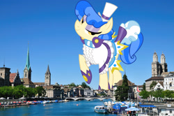 Size: 4095x2720 | Tagged: safe, artist:dashiesparkle, artist:thegiantponyfan, imported from derpibooru, sapphire shores, earth pony, pony, female, giant pony, giant/macro earth pony, giantess, high res, highrise ponies, irl, looking at you, macro, mare, mega giant, photo, ponies in real life, raised hoof, smiling, switzerland, zurich