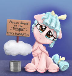 Size: 2000x2103 | Tagged: safe, artist:chopsticks, imported from derpibooru, cozy glow, pegasus, pony, blatant lies, bow, cheek fluff, chest fluff, cloud, cozybetes, crossed hooves, crying, cute, female, filly, foal, hair bow, head tilt, looking at you, sign, sitting, solo, tin can, unshorn fetlocks, wing hands, wings