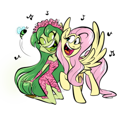 Size: 1152x1080 | Tagged: safe, artist:ggchristian, imported from derpibooru, fluttershy, bee, dryad, insect, pony, music notes, simple background, singing, transparent background