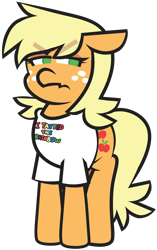 Size: 2754x4392 | Tagged: safe, artist:threetwotwo32232, imported from derpibooru, applejack, earth pony, pony, clothes, female, implied appledash, implied lesbian, implied shipping, mare, not gay, shirt, simple background, solo, t-shirt, transparent background