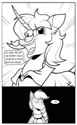 Size: 1202x1946 | Tagged: safe, artist:duragan, derpibooru exclusive, imported from derpibooru, oc, oc:sila, oc:silver hilt, horse, unicorn, them's fightin' herds, 2 panel comic, anime, comic, community related, fanart, lineart, ok, okay, one punch man, parody, tfh oc, this will end in death, this will end in pain