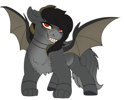 Size: 2477x2000 | Tagged: safe, artist:highrolleryt, imported from derpibooru, oc, oc only, oc:cleo, bat pony, cat, cat pony, original species, pony, bat pony oc, bat wings, chest fluff, ear fluff, grin, scar, sharp teeth, simple background, smiling, solo, teeth, transparent background, wings