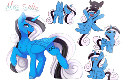 Size: 3000x2000 | Tagged: safe, artist:highrolleryt, imported from derpibooru, oc, oc only, oc:miss smile, alicorn, pony, alicorn oc, ear fluff, female, horn, mare, raised hoof, simple background, smiling, white background, wings