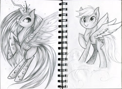 Size: 3300x2403 | Tagged: safe, artist:vardastouch, imported from derpibooru, derpy hooves, queen chrysalis, changeling, changeling queen, pegasus, pony, female, grayscale, high res, mare, monochrome, spread wings, traditional art, wings