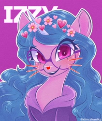 Size: 1825x2160 | Tagged: safe, artist:tomi_ouo, imported from derpibooru, izzy moonbow, pony, unicorn, clothes, cute, female, filter, floral head wreath, flower, g5, glasses, heart, hoodie, izzybetes, round glasses, simple background, snapchat filter, solo, whiskers