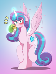 Size: 4500x5900 | Tagged: safe, artist:aarondrawsarts, imported from derpibooru, princess flurry heart, whammy, alicorn, pony, snail, adult flurry heart, blushing, commission, commissioner:reversalmushroom, cute, embarrassed, female, floppy ears, flurrybetes, glowing, glowing horn, horn, looking at you, magic, older, older flurry heart, plushie, spread wings, wings