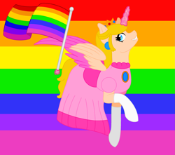 Size: 2751x2429 | Tagged: safe, artist:elementbases, artist:user15432, imported from derpibooru, alicorn, pony, alicornified, base used, clothes, crossover, crown, dress, ear piercing, earring, flag, flag pole, gay pride, gay pride flag, gloves, glowing, glowing horn, horn, jewelry, looking at you, magic, magic aura, piercing, pink dress, ponified, pride, pride flag, pride month, princess peach, race swap, rainbow background, rainbow flag, regalia, smiling, super mario bros.