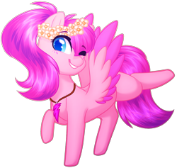 Size: 2149x2041 | Tagged: safe, artist:purplegrim40, imported from derpibooru, oc, oc only, pegasus, pony, colored wings, female, floral head wreath, flower, grin, jewelry, mare, necklace, one eye closed, pegasus oc, raised hoof, simple background, smiling, solo, transparent background, two toned wings, wings, wink