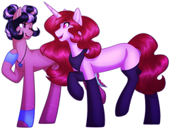 Size: 2277x1733 | Tagged: safe, artist:purplegrim40, imported from derpibooru, oc, oc only, earth pony, pony, unicorn, clothes, duo, earth pony oc, female, horn, jewelry, leg warmers, mare, neckerchief, necklace, one eye closed, raised hoof, simple background, smiling, socks, transparent background, unicorn oc, wink