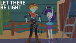 Size: 1280x720 | Tagged: safe, edit, edited screencap, editor:quoterific, imported from derpibooru, screencap, rarity, human, equestria girls, equestria girls series, rollercoaster of friendship, armpits, arms in the air, boots, bracelet, cable, cactus, clothes, cowboy boots, cowboy hat, cute, cutie mark on clothes, duo focus, eyes closed, eyeshadow, female, fence, geode of shielding, grin, hairpin, hands in the air, hat, high heels, jewelry, ladder, magical geodes, makeup, male, offscreen character, open mouth, open smile, raribetes, rarity peplum dress, scarf, shoes, smiling, tex glitter, text, trio