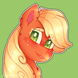 Size: 2048x2048 | Tagged: safe, artist:lulaemoon, imported from derpibooru, earth pony, pony, blonde, bust, eye clipping through hair, female, green background, hatless, mare, missing accessory, simple background, smiling, solo