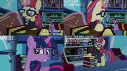 Size: 1280x720 | Tagged: safe, edit, edited screencap, editor:quoterific, imported from derpibooru, screencap, moondancer, twilight sparkle, alicorn, pony, unicorn, amending fences, season 5, book, bookshelf, duo, female, magic, mare, open mouth, open smile, smiling, telekinesis, text, twilight sparkle (alicorn), twilight's canterlot home