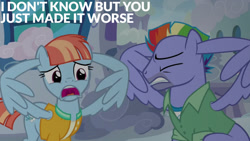 Size: 1280x720 | Tagged: safe, edit, edited screencap, editor:quoterific, imported from derpibooru, screencap, bow hothoof, windy whistles, pegasus, pony, parental glideance, season 7, duo, eyes closed, female, male, mare, open mouth, stallion, text, wing hands, wings