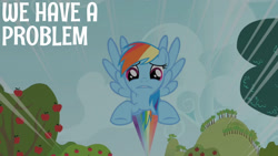 Size: 1280x720 | Tagged: safe, edit, edited screencap, editor:quoterific, imported from derpibooru, screencap, rainbow dash, pegasus, pony, party of one, season 1, female, flying, mare, solo, spread wings, text, tree, wings