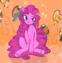 Size: 1607x1621 | Tagged: safe, artist:hotots, imported from derpibooru, pinkie pie, earth pony, confused, female, looking at you, question mark, raised eyebrow, sitting