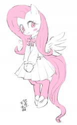 Size: 998x1608 | Tagged: safe, artist:yanamosuda, imported from derpibooru, fluttershy, pegasus, pony, bipedal, blouse, blushing, bow, clothes, cute, dress, female, pleated skirt, shoes, simple background, skirt, socks, solo, white background