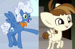 Size: 1780x1172 | Tagged: safe, edit, edited screencap, imported from derpibooru, screencap, featherweight, fluffy clouds, pegasus, pony, big ears, bucktooth, colt, comparison, cute, flying, foal, male, smiling, spread wings, stallion, wings