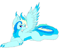 Size: 2000x1800 | Tagged: safe, artist:thekamko, imported from derpibooru, oc, oc only, oc:arctic plasma, dracony, dragon, hybrid, chest fluff, claws, ear fluff, female, horns, lying down, paws, simple background, smiling, solo, spread wings, transparent background, wings