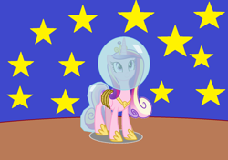 Size: 1600x1126 | Tagged: safe, artist:dashiesparkle, artist:guihercharly, imported from derpibooru, princess cadance, alicorn, pony, 1000 hours in ms paint, bound wings, crown, female, helmet, hoof shoes, jewelry, mare, moon, regalia, rope, solo, space, space helmet, stars, tail helmet, tiara, tied up, wings
