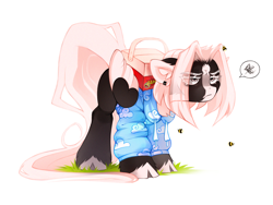 Size: 2304x1728 | Tagged: safe, artist:zlatavector, imported from derpibooru, oc, oc only, oc:kate braxton, bee, insect, pegasus, pony, box, clothes, cloven hooves, dissatisfied, ear piercing, earring, female, hoodie, jewelry, long tail, mare, piercing, short hair, simple background, solo, tail, white background