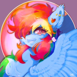 Size: 2048x2048 | Tagged: safe, artist:yumkandie, imported from derpibooru, rainbow dash, pegasus, pony, abstract background, chest fluff, ear piercing, earring, female, heart eyes, jewelry, looking at you, piercing, smiling, solo, wingding eyes