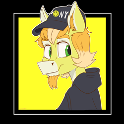 Size: 5000x5000 | Tagged: safe, artist:xasslash, imported from derpibooru, oc, oc only, oc:ricky albedo, anthro, earth pony, cap, clothes, facial hair, goatee, hat, simple background, solo, yellow background