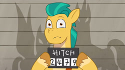 Size: 3410x1920 | Tagged: safe, imported from derpibooru, screencap, hitch trailblazer, earth pony, pony, spoiler:g5, spoiler:my little pony: tell your tale, spoiler:tyts01e12, g5, high res, male, mugshot, my little pony: tell your tale, solo, stallion, the game is ahoof