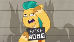 Size: 3410x1920 | Tagged: safe, imported from derpibooru, screencap, hitch trailblazer, earth pony, pony, spoiler:g5, spoiler:my little pony: tell your tale, spoiler:tyts01e12, g5, high res, male, mugshot, my little pony: tell your tale, open mouth, solo, stallion, the game is ahoof