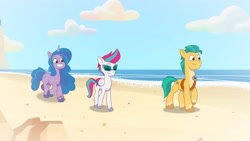 Size: 3410x1920 | Tagged: safe, imported from derpibooru, screencap, hitch trailblazer, izzy moonbow, zipp storm, earth pony, pegasus, pony, unicorn, spoiler:g5, spoiler:my little pony: tell your tale, spoiler:tyts01e12, beach, female, g5, grin, high res, male, mare, my little pony: tell your tale, smiling, stallion, sunglasses, the game is ahoof, trio, walking