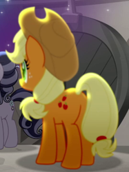 Size: 362x483 | Tagged: safe, imported from derpibooru, screencap, applejack, petunia petals, rainbow roadtrip, butt, cropped, plot