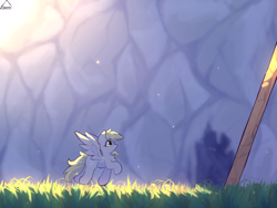 Size: 1600x1200 | Tagged: safe, artist:glazirka, imported from derpibooru, derpy hooves, pegasus, cave, grass, solo, stone wall, sunlight, trotting