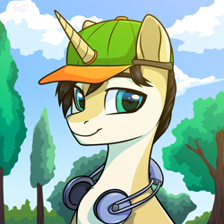 Size: 2500x2500 | Tagged: safe, artist:megabait, imported from derpibooru, oc, oc only, pony, unicorn, bust, cap, cloud, colt, commission, foal, hat, headphones, male, park, portrait, solo, tree