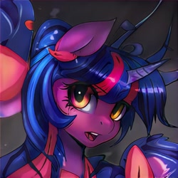 Size: 1024x1024 | Tagged: safe, imported from derpibooru, unicorn, ai content, ai generated, bust, generator:thisponydoesnotexist, not twilight sparkle, open mouth, orange eyes, portrait, purple coat, solo