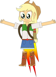 Size: 830x1135 | Tagged: safe, artist:rupahrusyaidi, imported from derpibooru, applejack, human, equestria girls, clothes, cutie mark on clothes, flying, jetpack, simple background, solo, transparent background